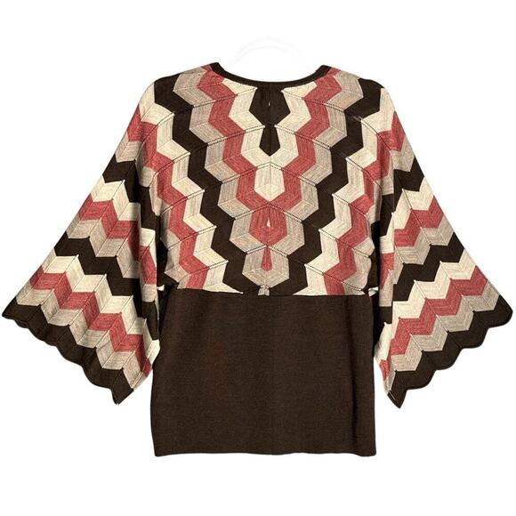 BCBGMaxazria Sz L‎ Dolman Kimono Scallop Sleeve Wool Wrap Sweater Zig Zag Retro - Picture 2 of 11